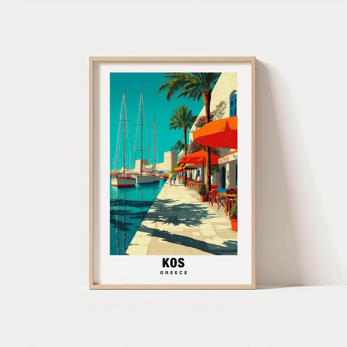Kos Greece Harbor Sailboats Palm Trees Cafe Promenade Poster