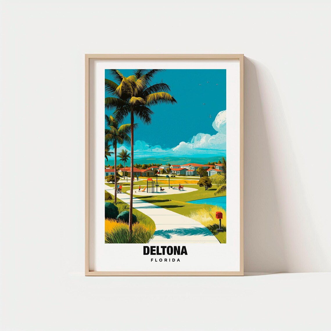 Sunny Deltona Florida Park Palm Trees Lake Vintage Travel Poster
