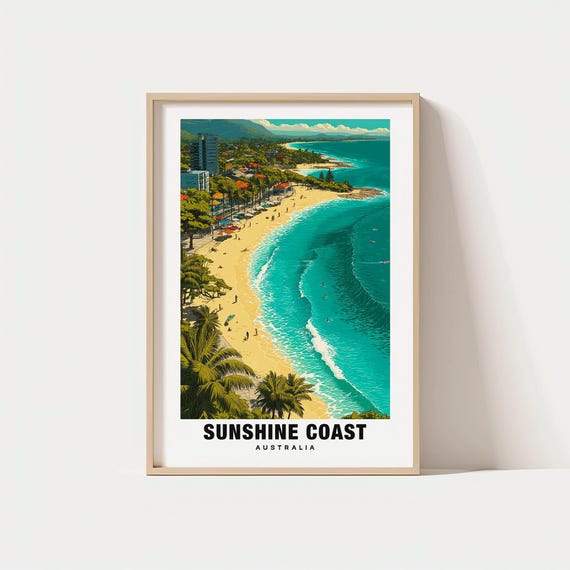 Sunshine Coast Print Australia Poster Coastal Views Travel Art Beach Scene Ocean Charm Scenic Beauty Sunset Glow Australian Escape