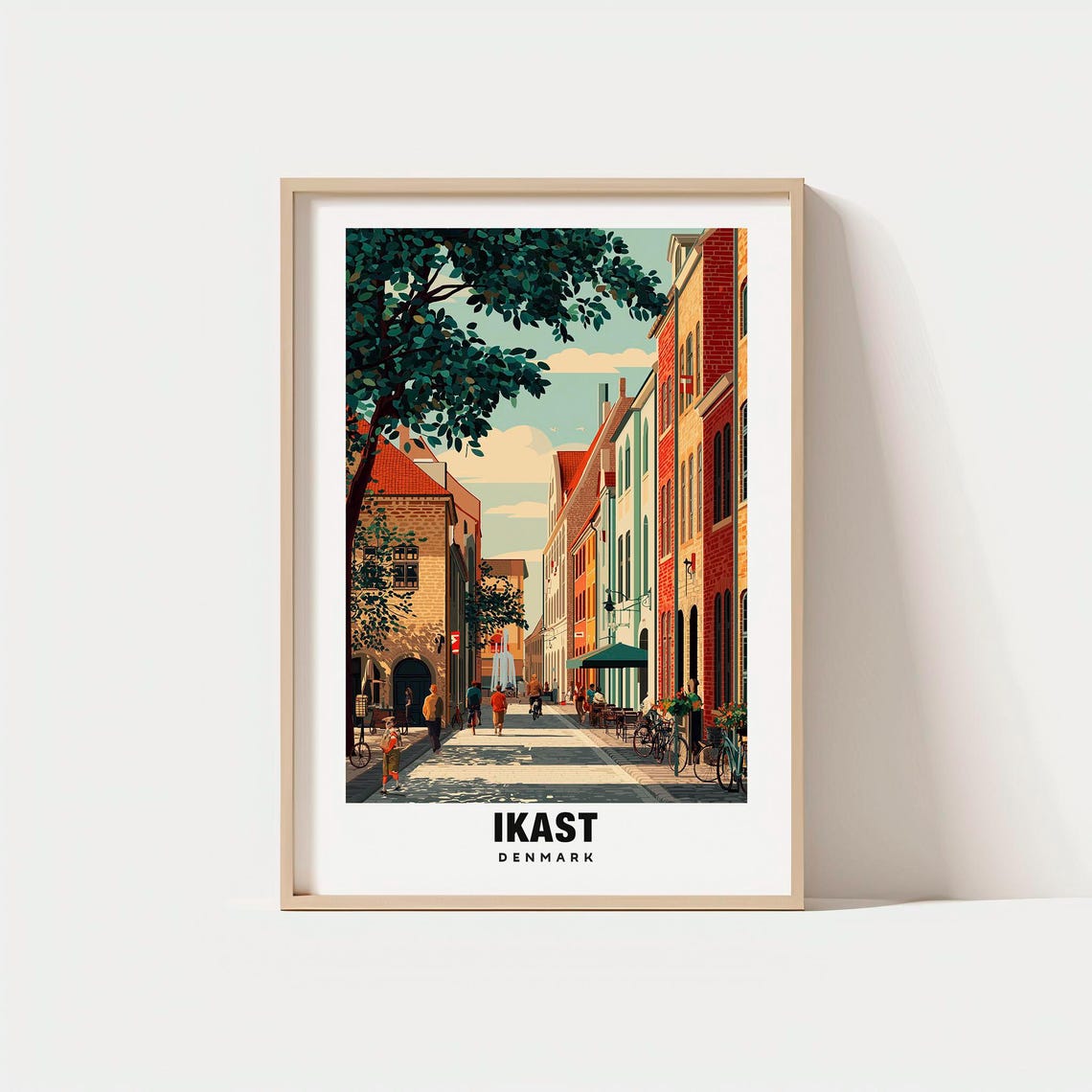 Ikast Denmark Tree Lined Street Bikes Cafes Nordic Town Poster