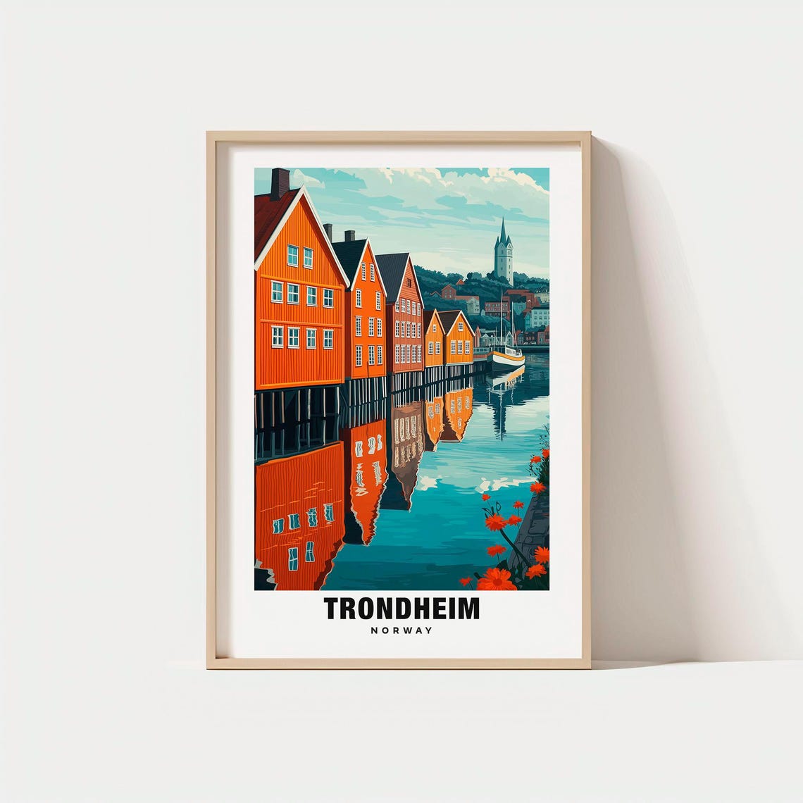 Trondheim Norway Red Wharf Houses River Reflection View Poster