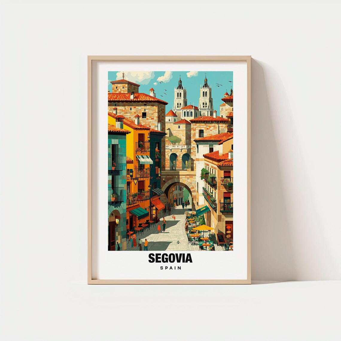 Golden Segovia Spain Old Town Arch Cathedral Towers Travel Poster