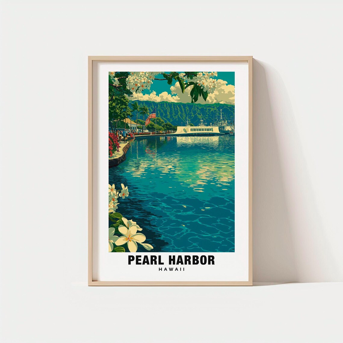 Pearl Harbor Hawaii USS Memorial Plumeria Harbor Water Travel Poster