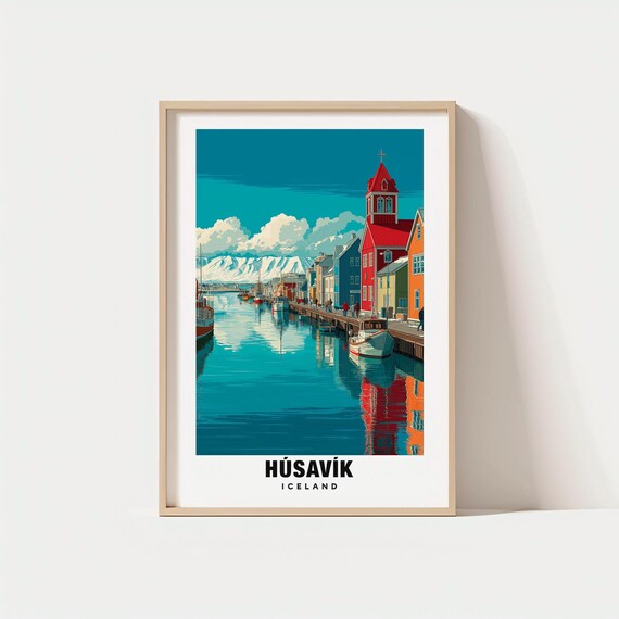 Hsavk Print Iceland Poster Travel Art Coastal Scene Whale Watching Views Scenic Escape Nordic Charm Harbor Landscape Ocean