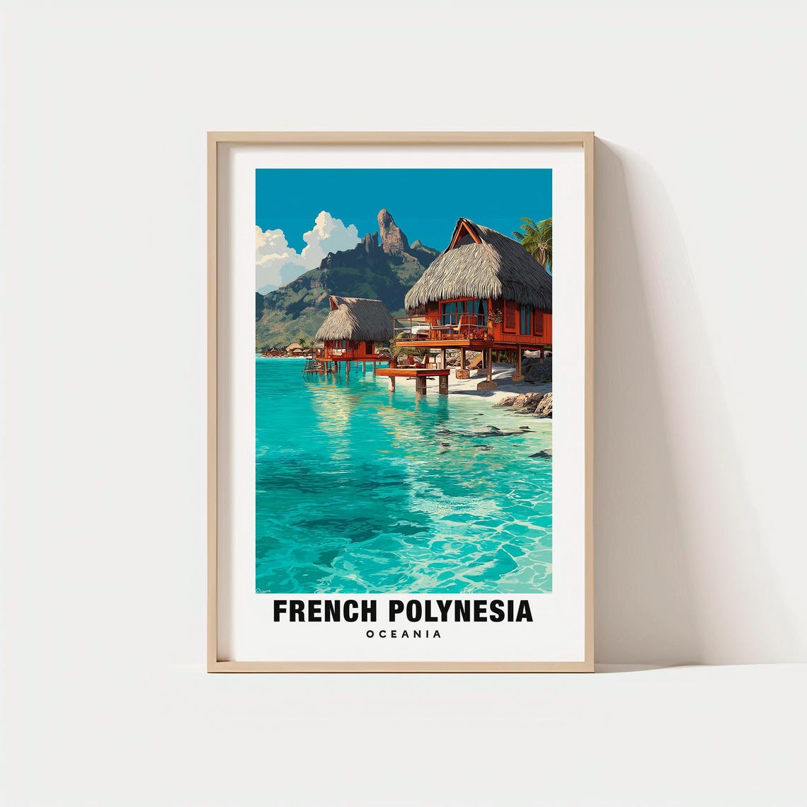 French Polynesia Overwater Bungalows Travel Poster with Lagoon Views