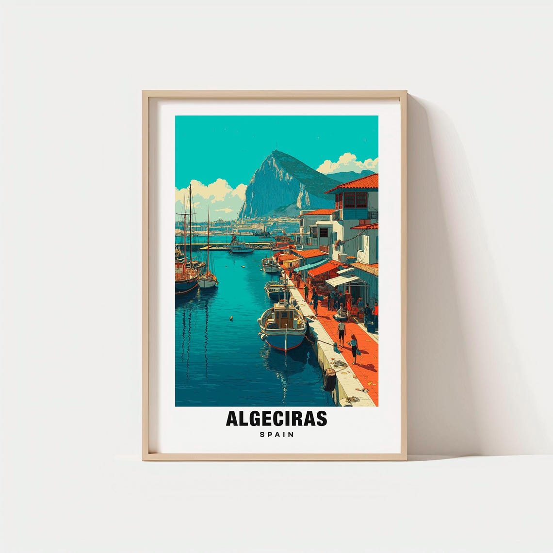 Algeciras Sunny Harbor Gibraltar Rock View Spain Travel Poster