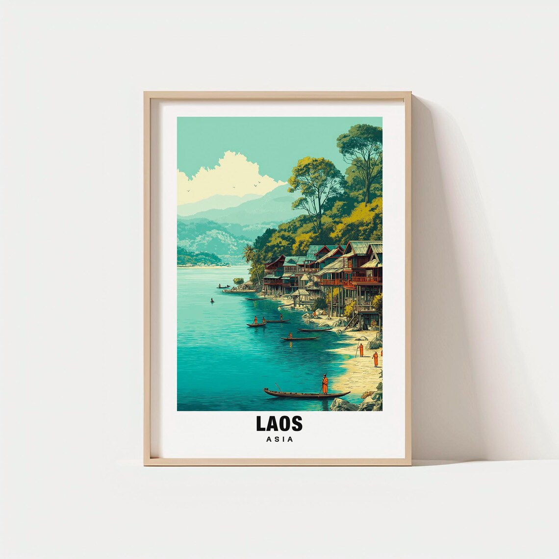 Laos Asia River Village Stilt Houses Longtail Boats Travel Poster