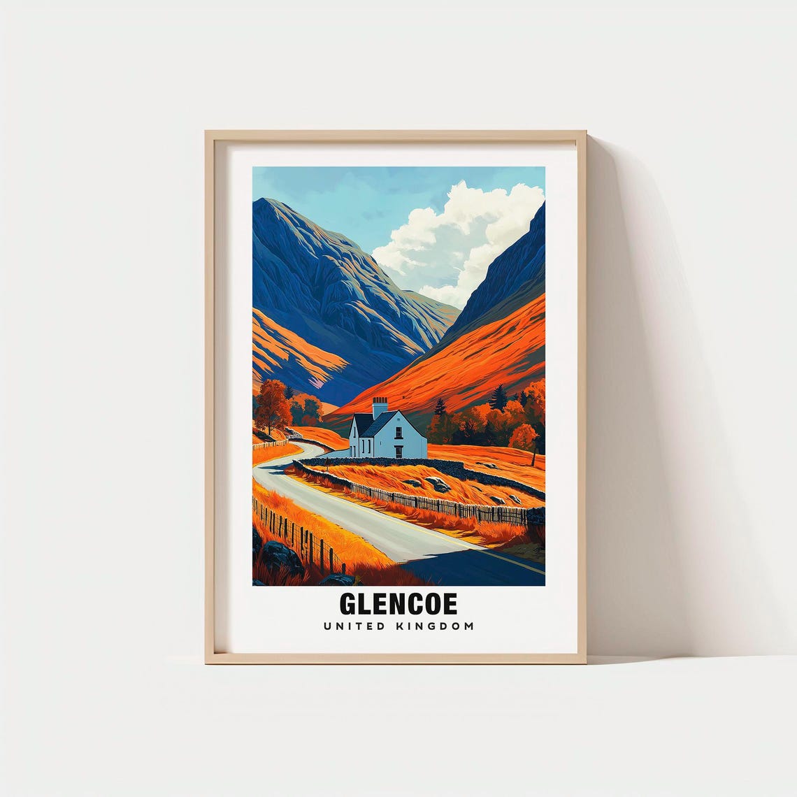 Glencoe Scotland Mountain Pass Cottage Winding Road Travel Poster