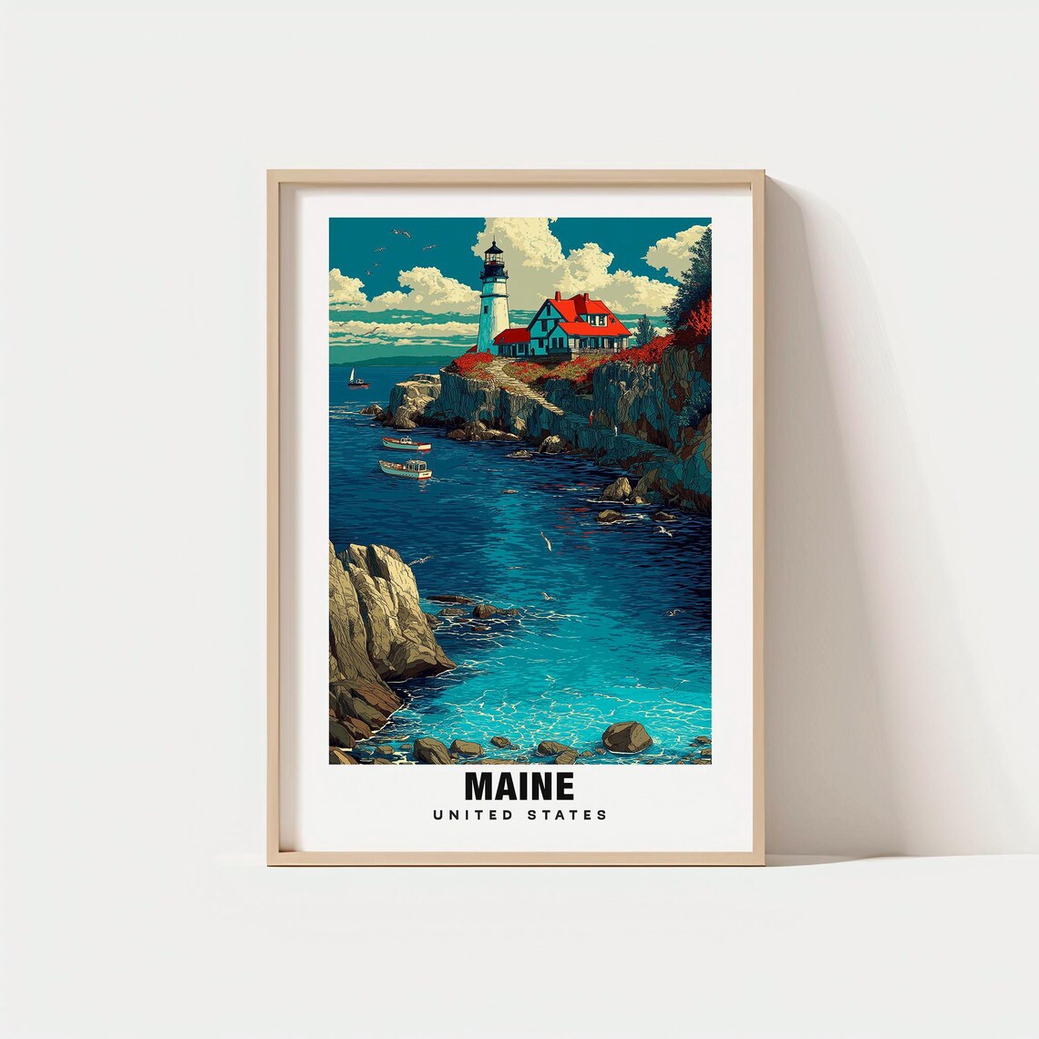 Maine United States Vintage Rocky Coast Lighthouse Seascape Travel Poster