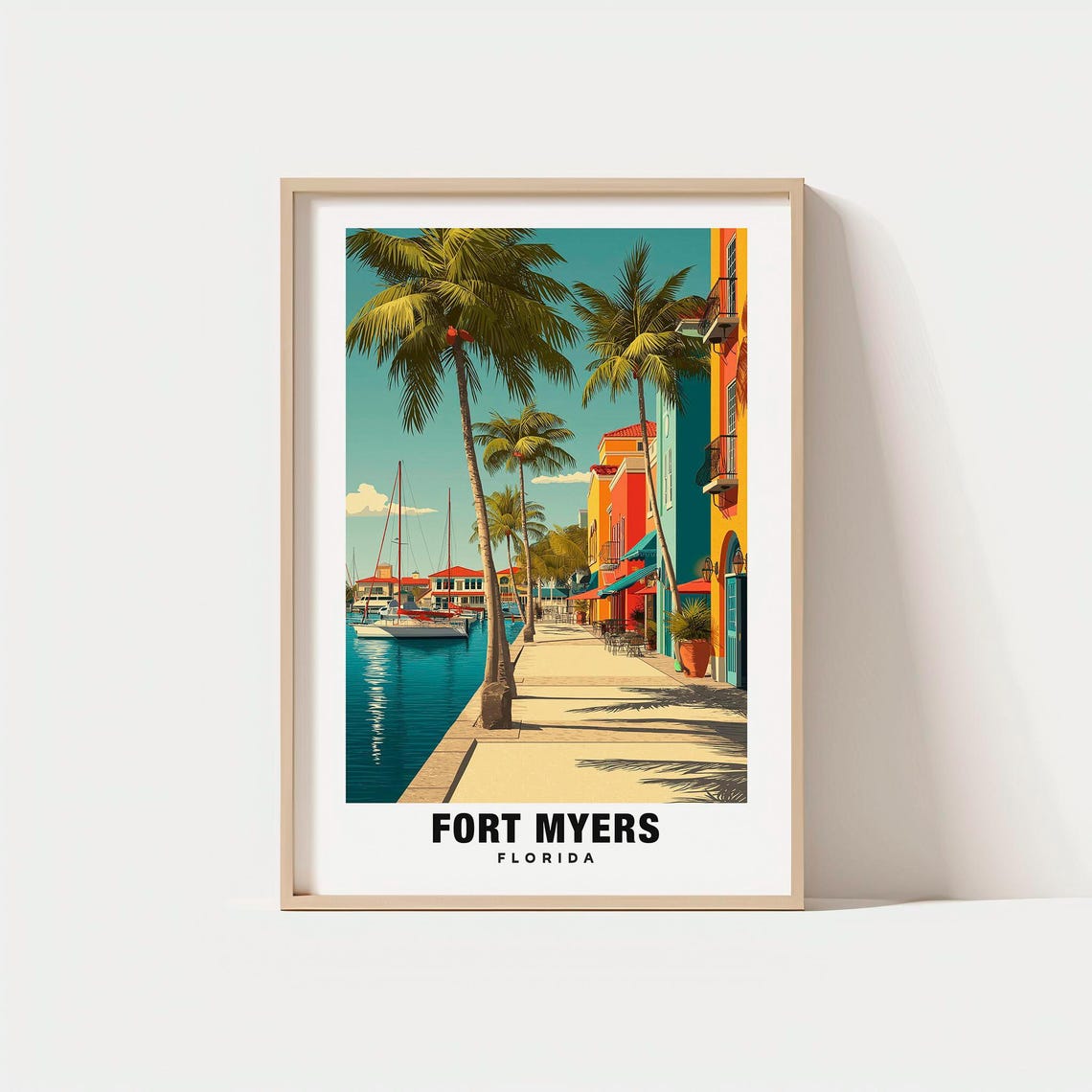 Fort Myers Florida Palm Waterfront Marina Vintage Travel Poster