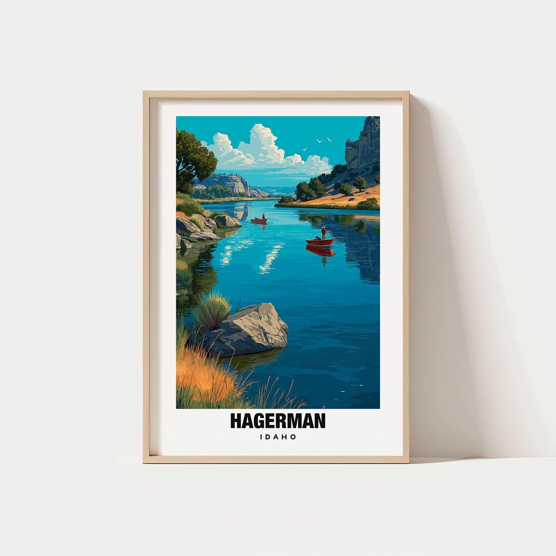 Hagerman Idaho River Fishing Boats Rocky Canyon Vintage Travel Poster