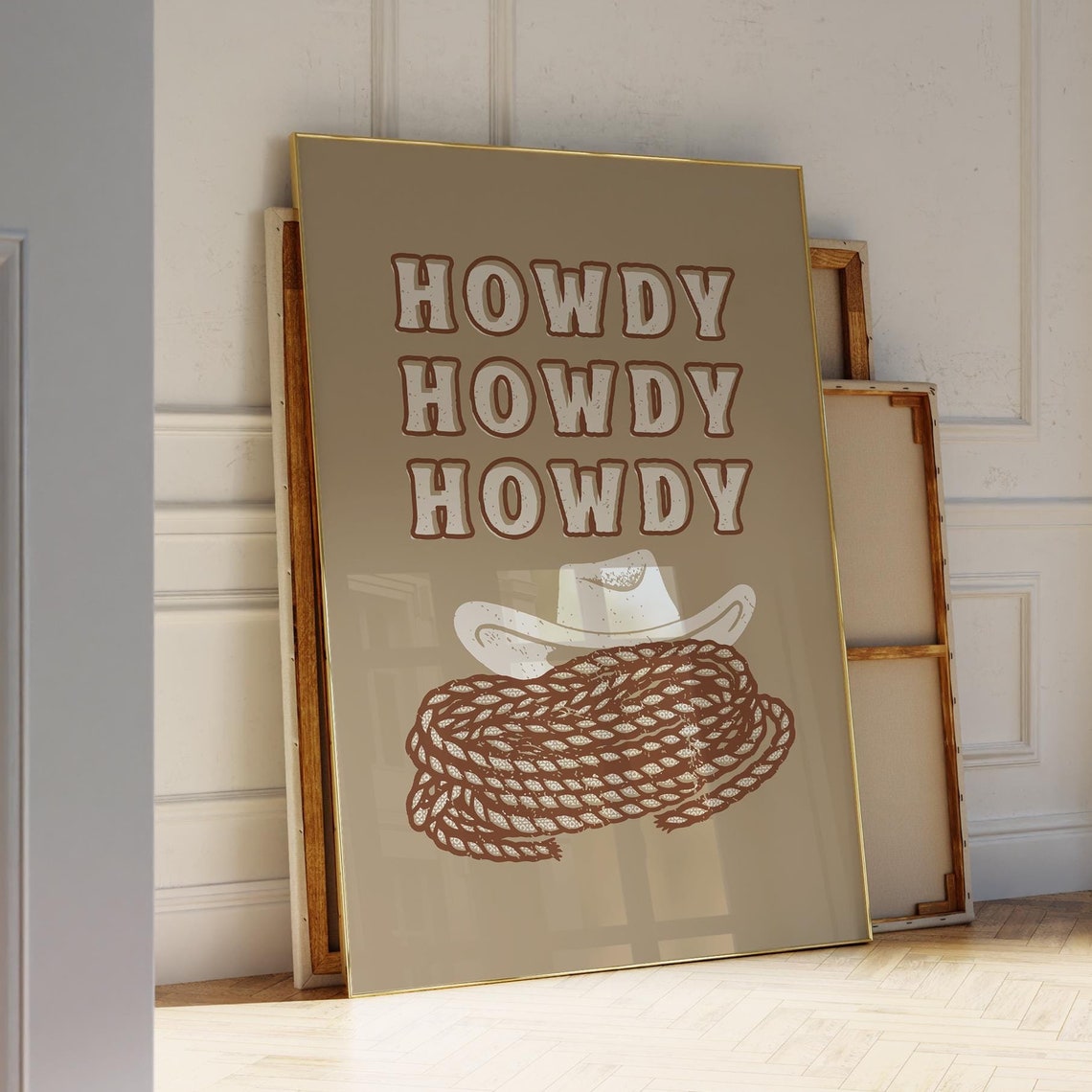 Howdy Tan Retro Vintage Repeat Typography Western Cowboy Wall Art