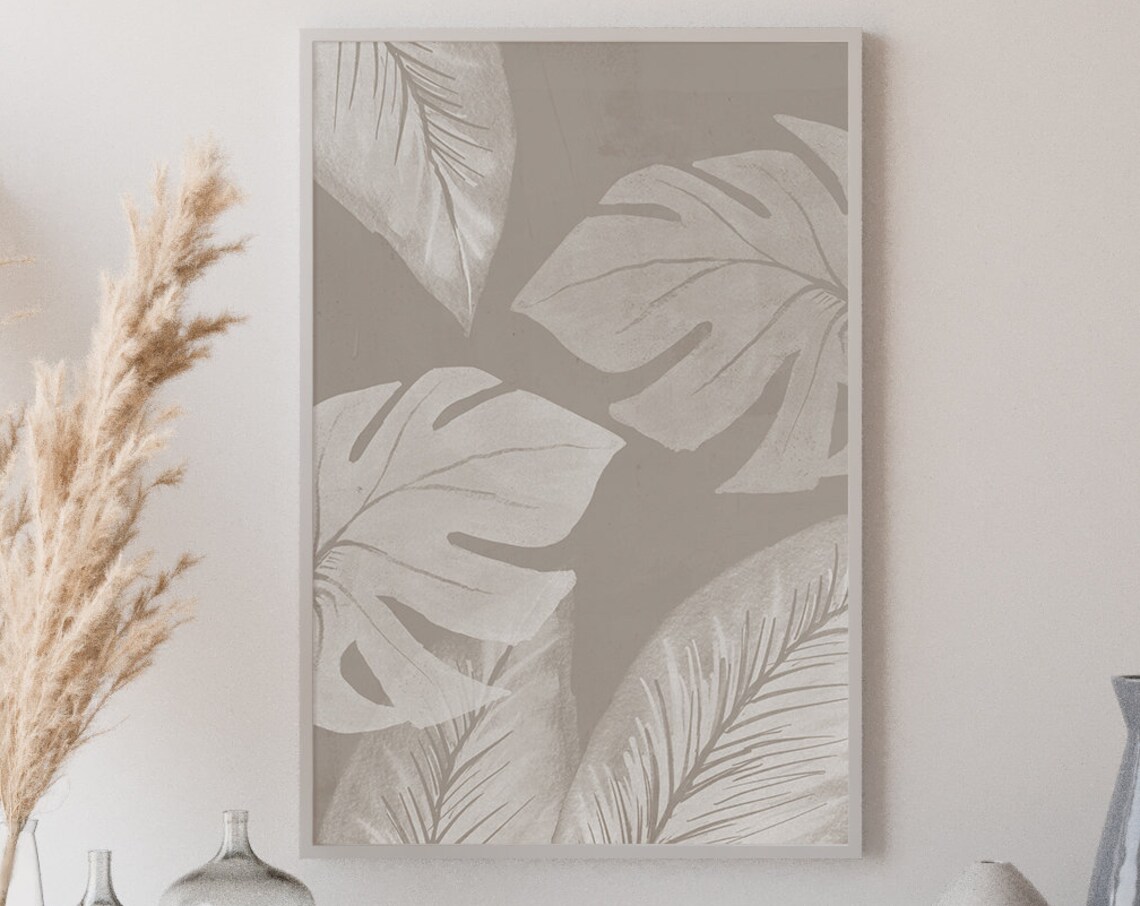 Gray Tropical Leaves Watercolor Monstera Botanical Modern Art Poster