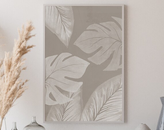 Beige Tropical Leaf Print Foliage Illustration Print Monstera Tropical Wall Art Abstract Wall Art Minimalist Print Living Room Wall Art