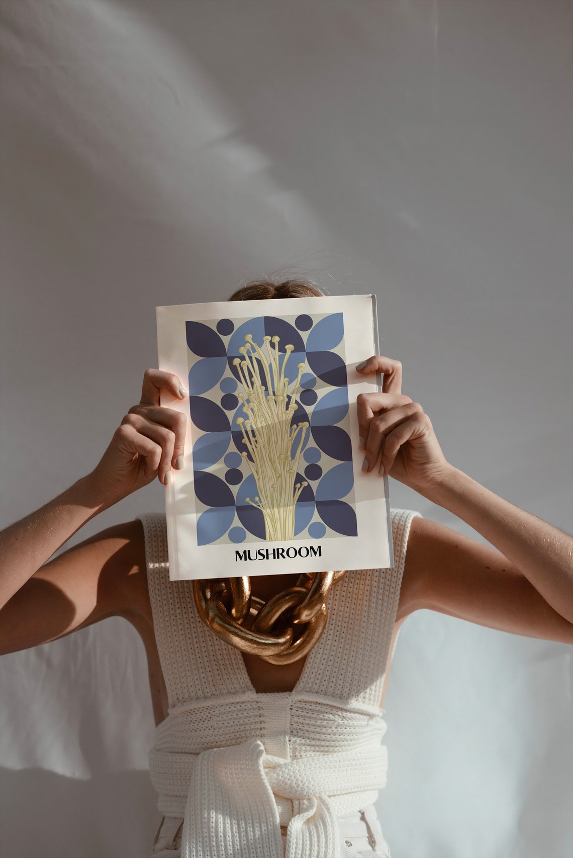 Vintage Mushroom Enoki Fungi Botanical Blue Geometric Wall Art - Image 3