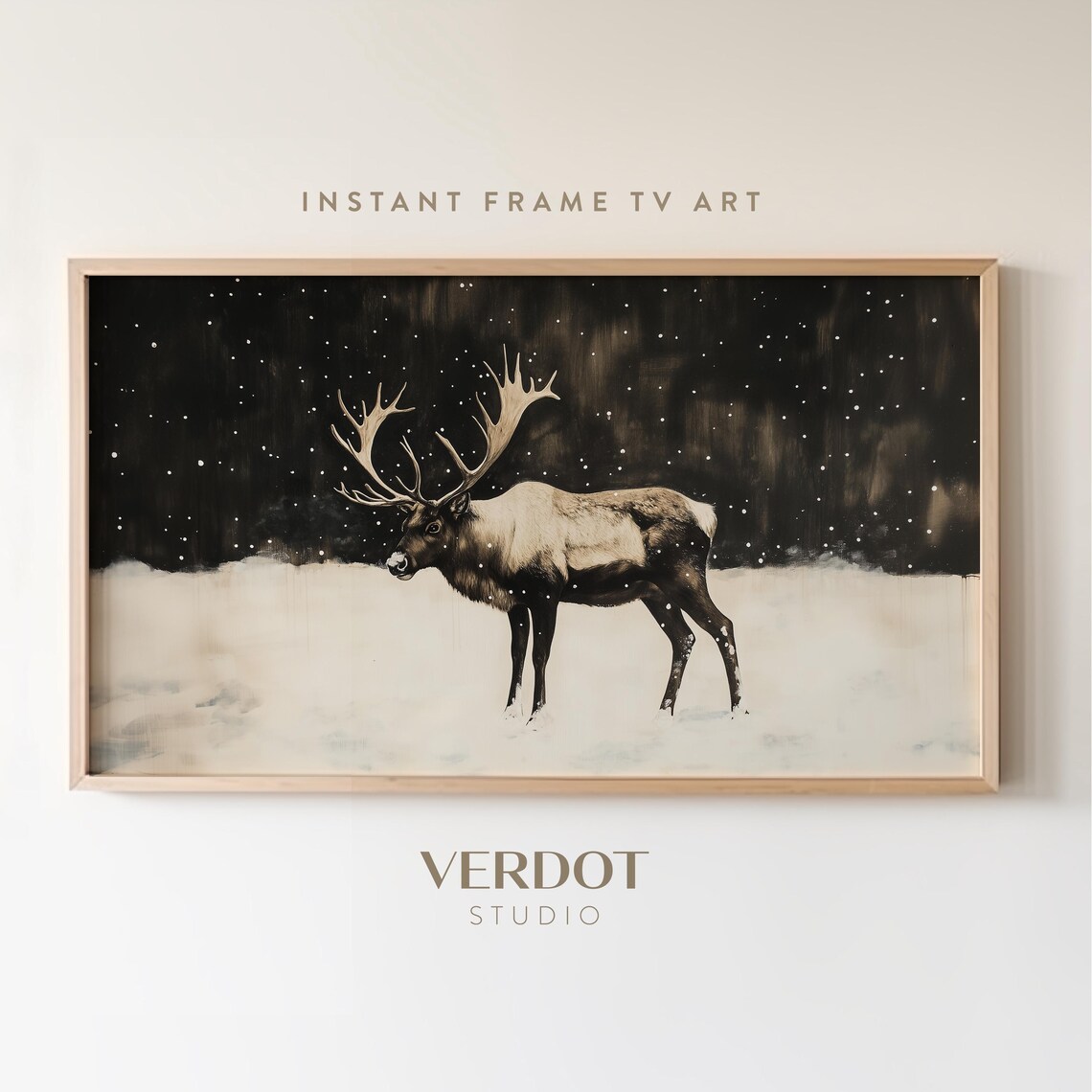 Majestic Reindeer In Snowy Night Forest Vintage Winter Painting Poster