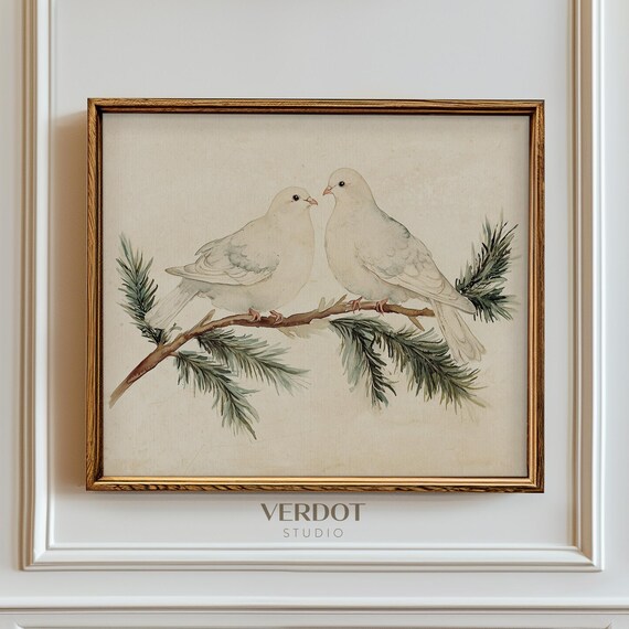 Vintage Christmas Winter Doves Art Print
