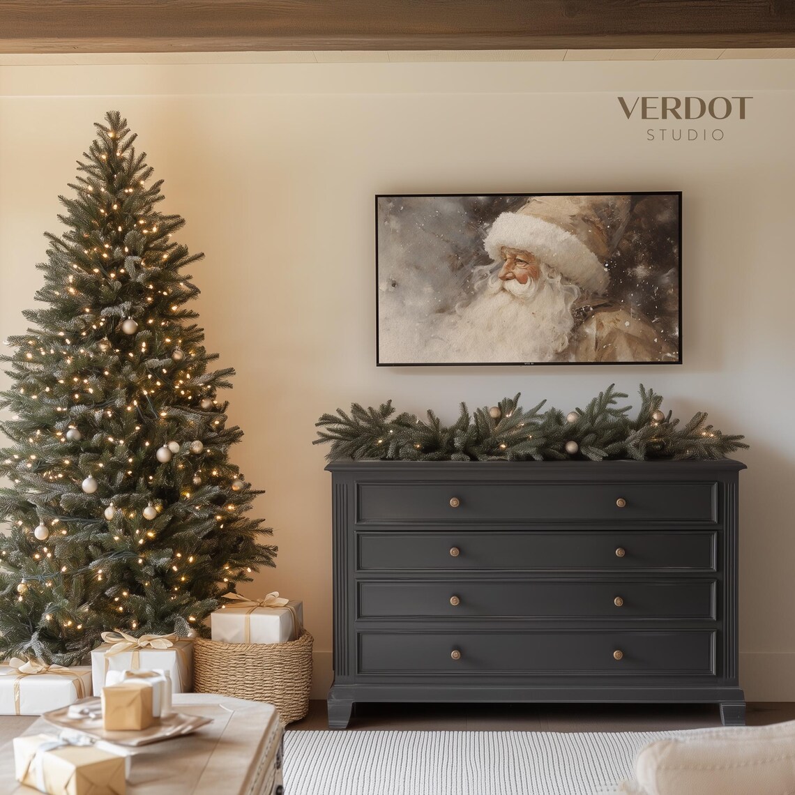 Vintage Santa Christmas Art Print, Neutral Holiday Decor - Image 4