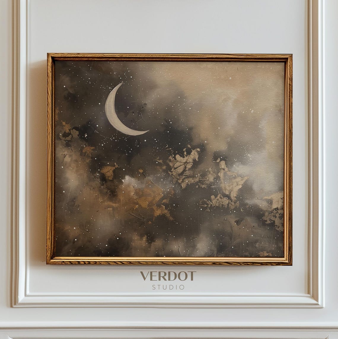Gold Crescent Moon Starry Night Sky Clouds Mystical Painting Art Print