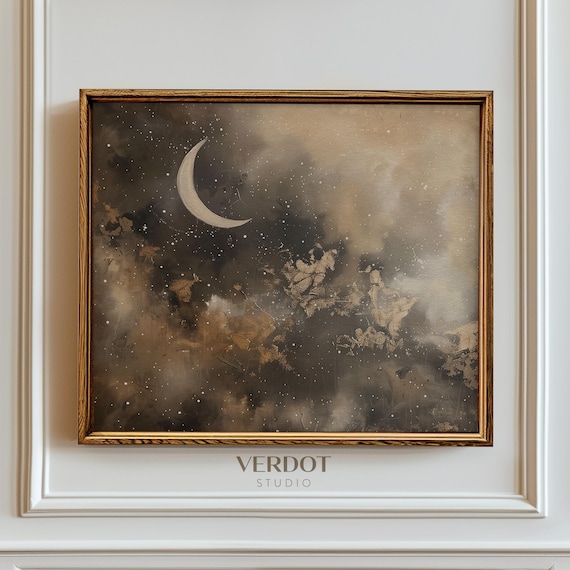 Gold Crescent Moon Starry Night Sky Clouds Mystical Painting Art Print