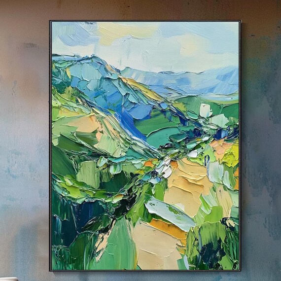 Green Mountain Landscape Abstract Oil Painting Custom Hand Painted Original Art Wall Decor Textured Knife Technique Modern Abstract Style