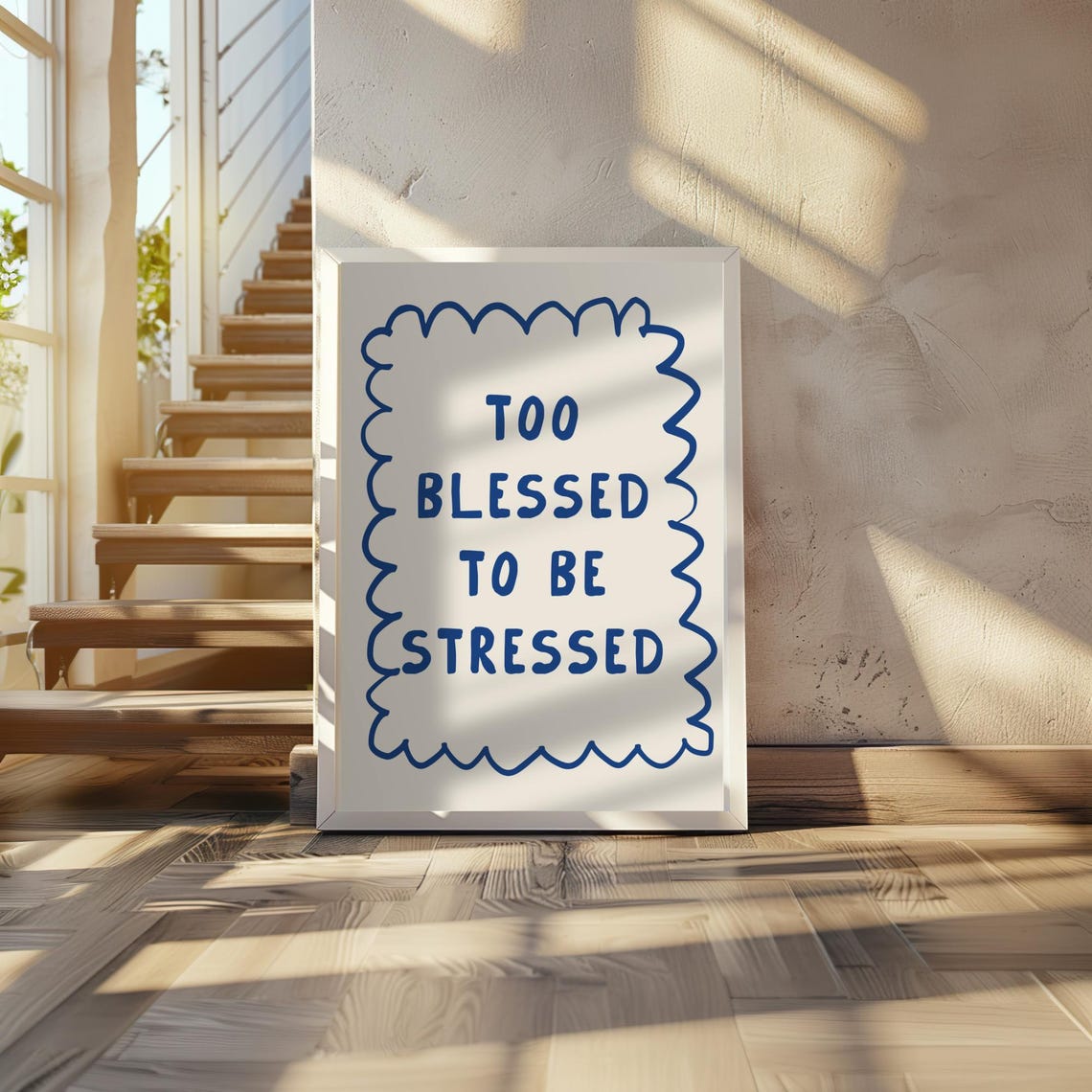 Too Blessed to Be Stressed Navy Blue Fun Wavy Dorm Quote Poster - Image 2