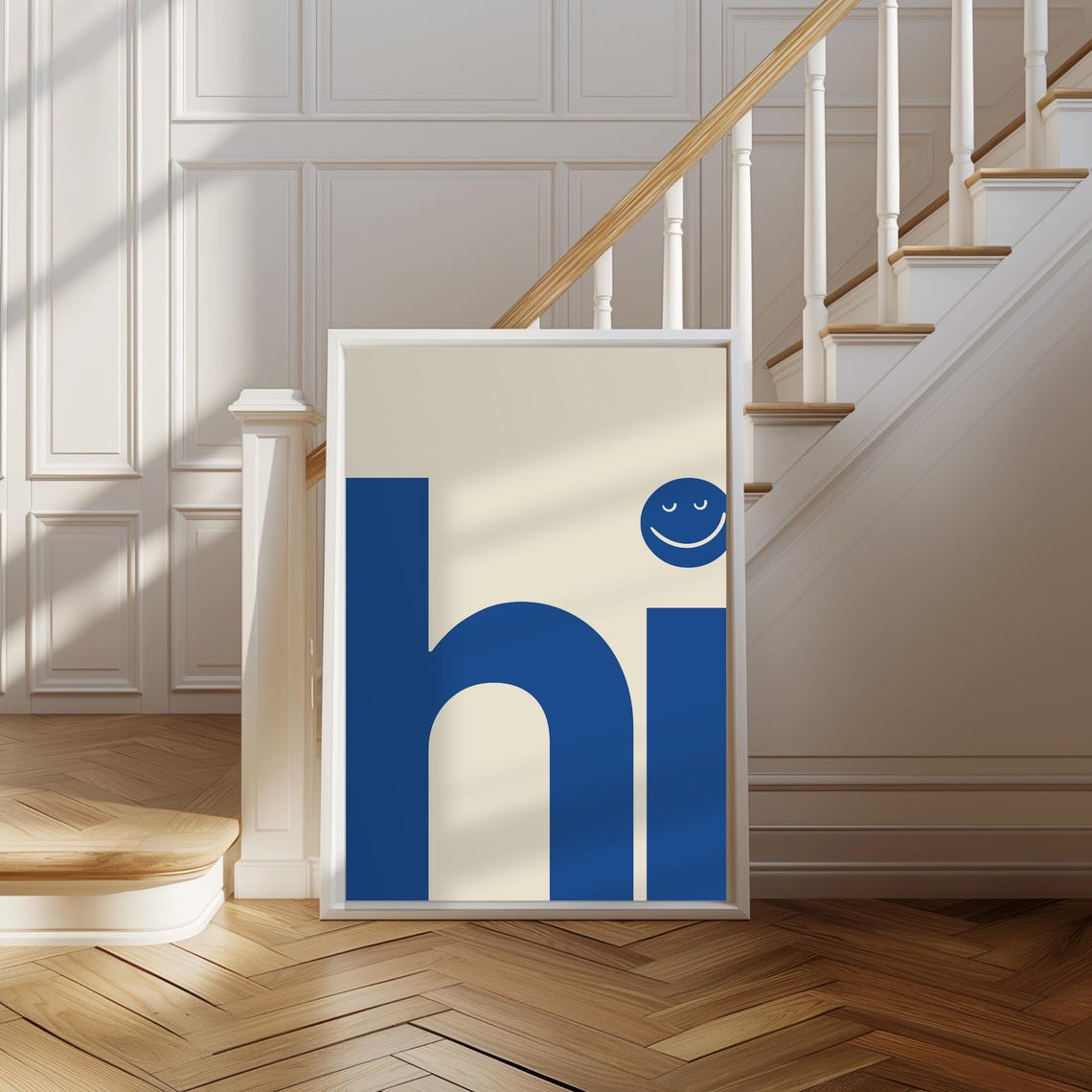 Hi Blue Smiley Face Modern Bold Typography Fun Entryway Poster