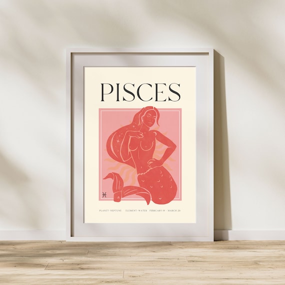 Pisces Zodiac Sign Bold Red Mermaid Woman Water Astrology Poster
