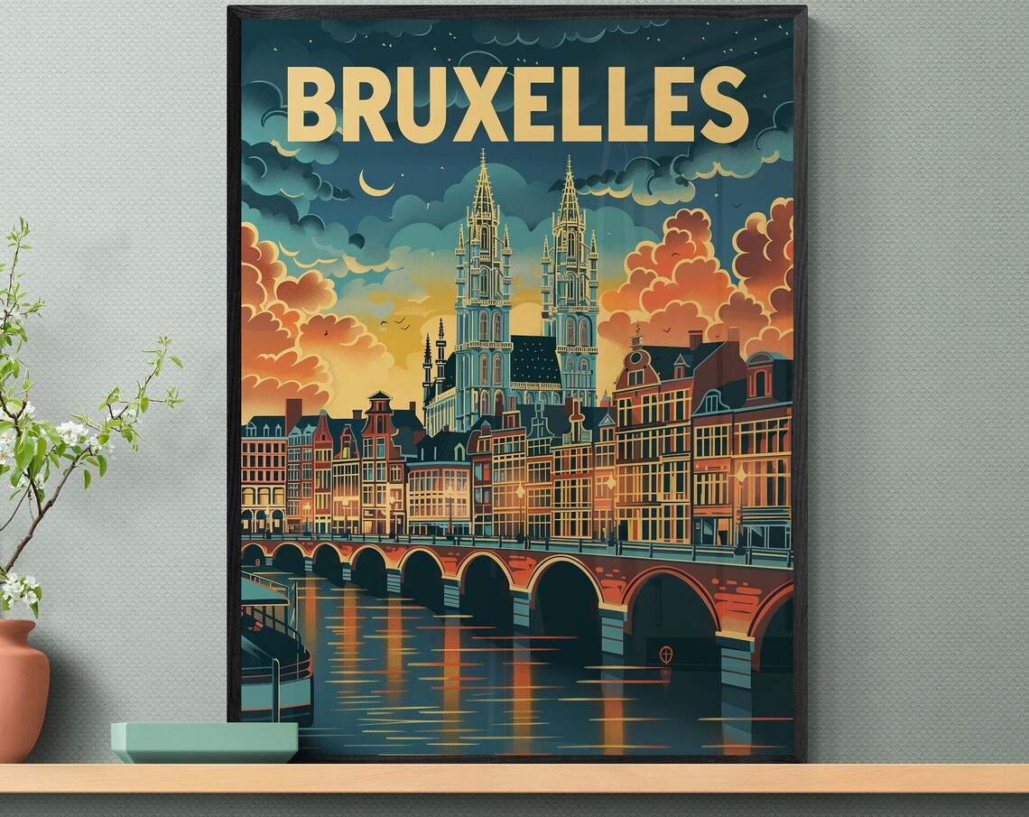 Bruxelles Night River Cathedral Towers Vintage Moonlit Travel Poster - Image 3