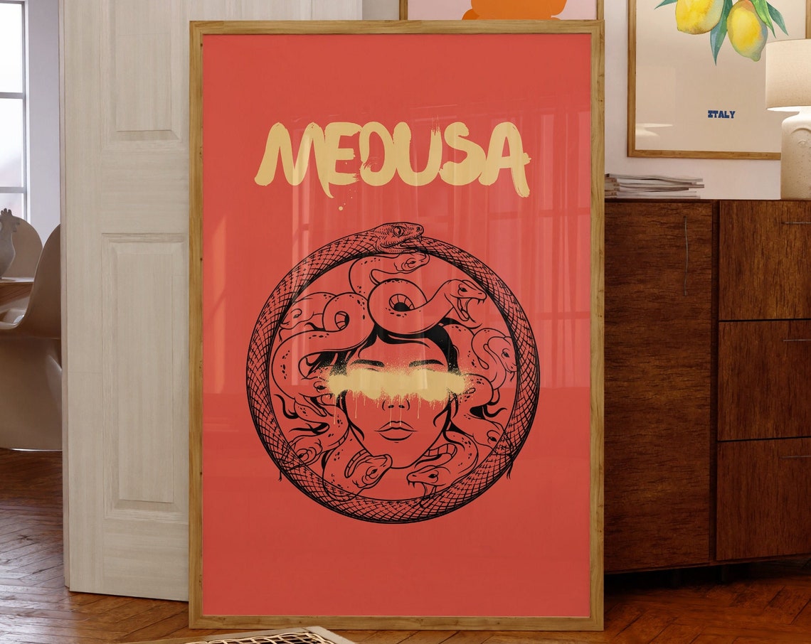 Retro Medusa Postertrendy Medusa Wall Artpreppy Medusa Printmedusa Art Decorhome Decorart Giftmedusa Printemerald Medusamodern Art