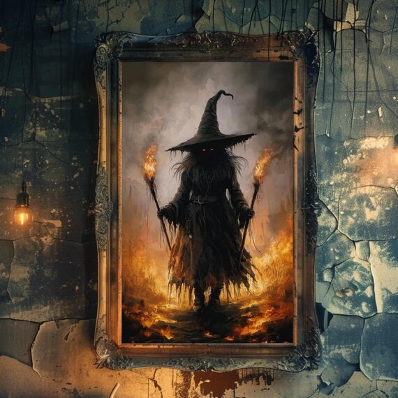 Witch Torch Fire Spooky Gothic Ornate Frame Halloween Poster