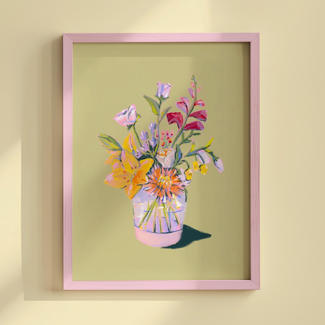Colorful Flower Bouquet Painting Maximalist Floral Art Print Green