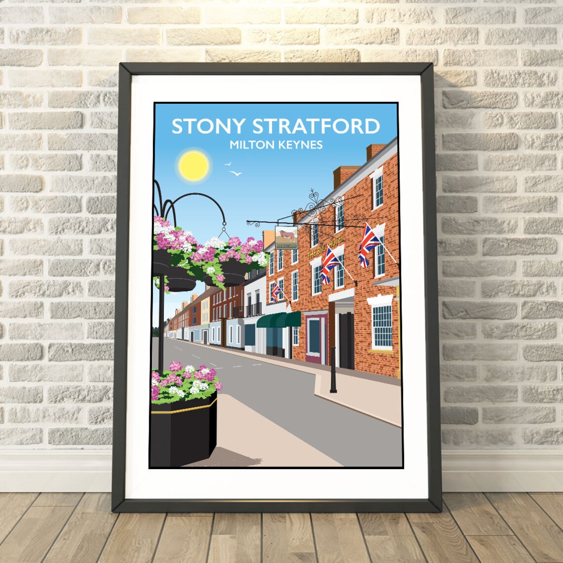 Stony Stratford Milton Keynes Travel Poster Sunny High Street Scene