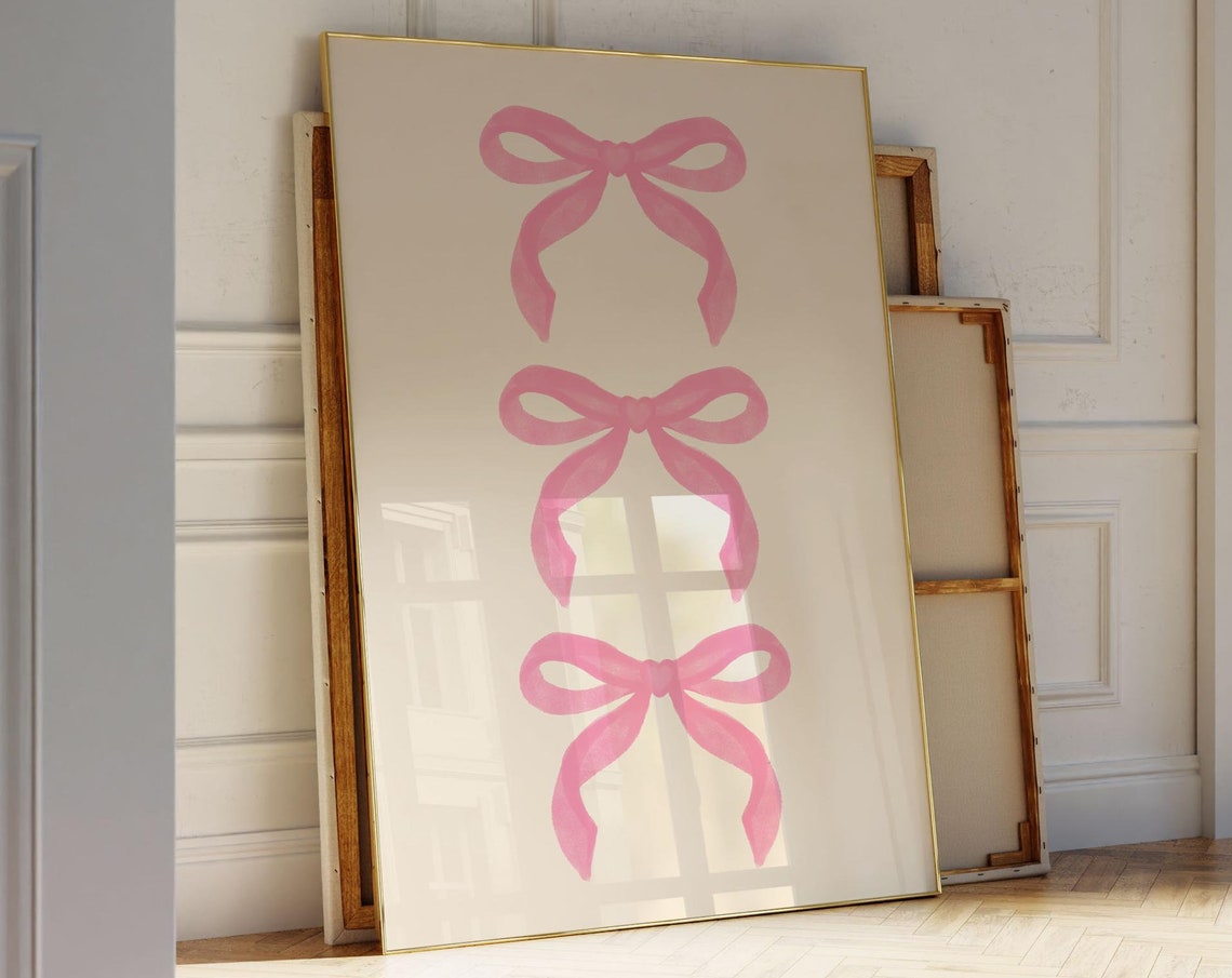 Trendy Coquette Pink Bow Wall Art Aesthetic Soft Girl Decor Girly Vintage Art - Image 2