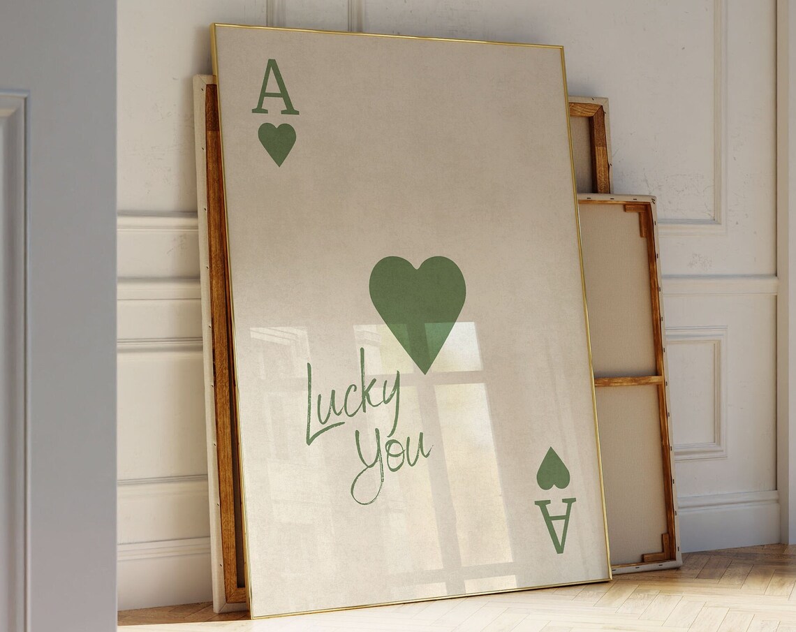 Lucky You Green Ace of Hearts Playing Card Retro Style Poster