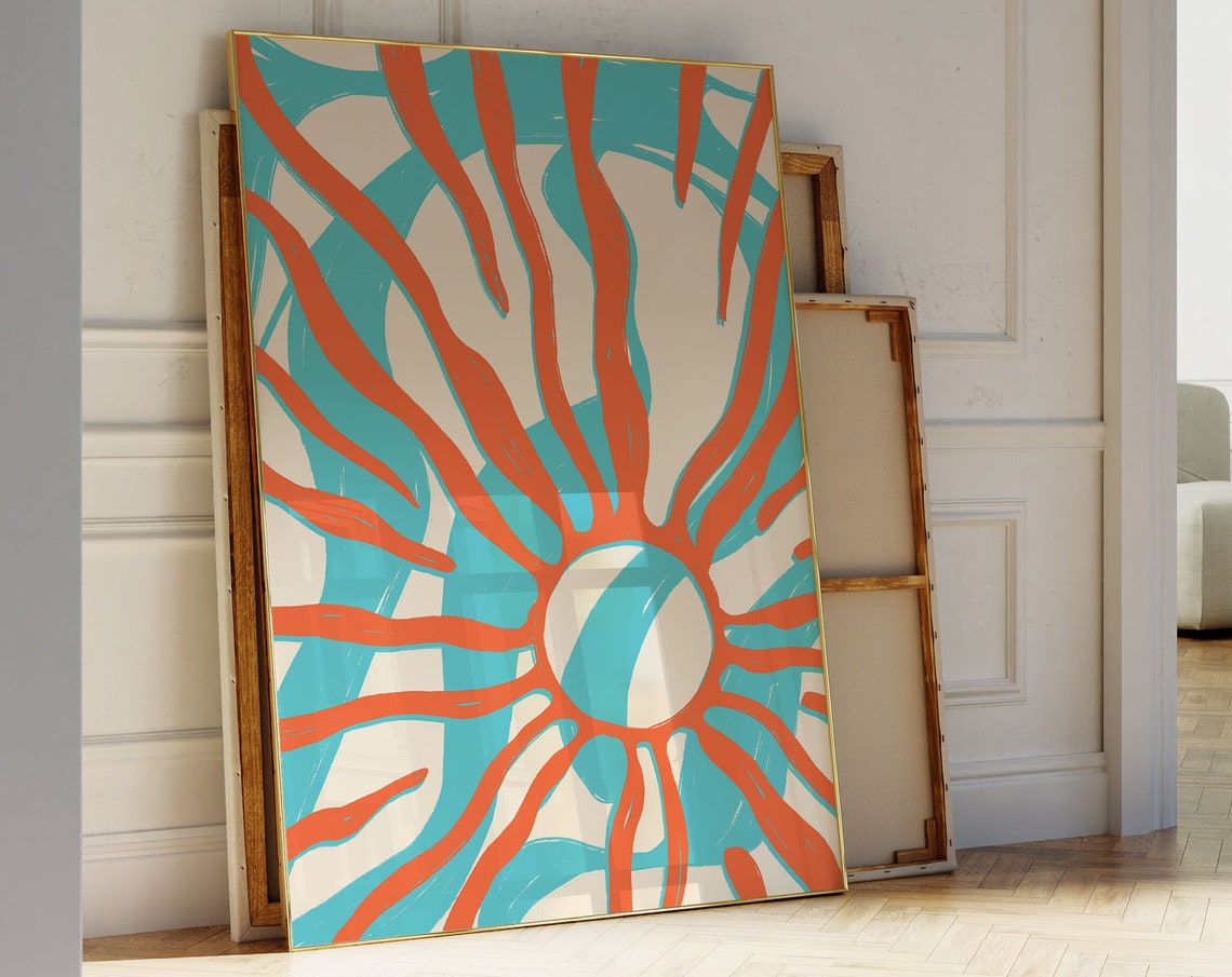 Coral Sun Over Teal Waves Bold Abstract Modern Nursery Poster