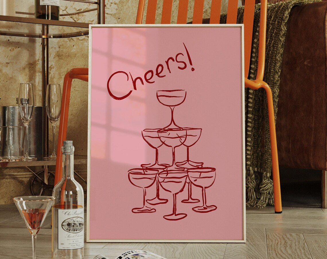 Cheers Coupe Champagne Glass Tower Pink Retro Bar Cart Wall Art