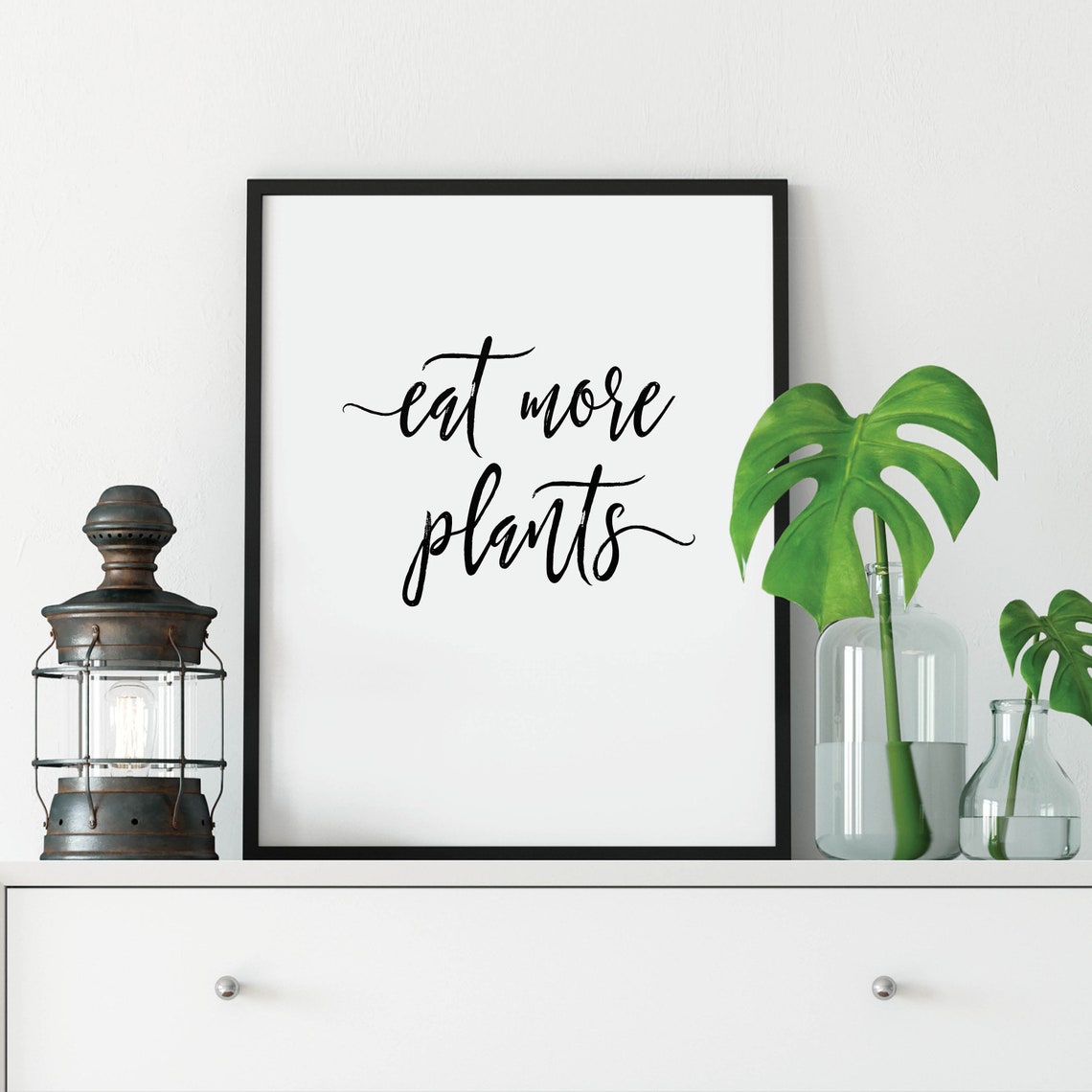 Eat More Plants Vegan Script Minimalist Kitchen Quote Poster