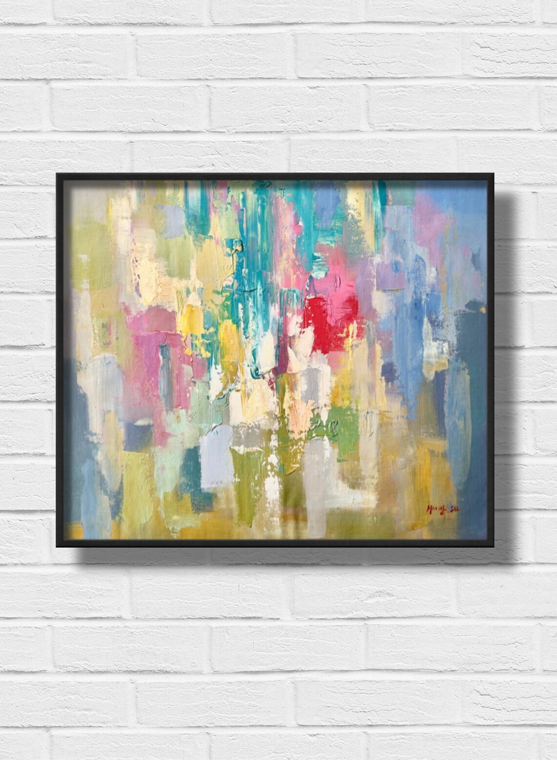 Pastel Yellow Pink Teal Abstract Cheerful Modern Oil Art Print - Image 3
