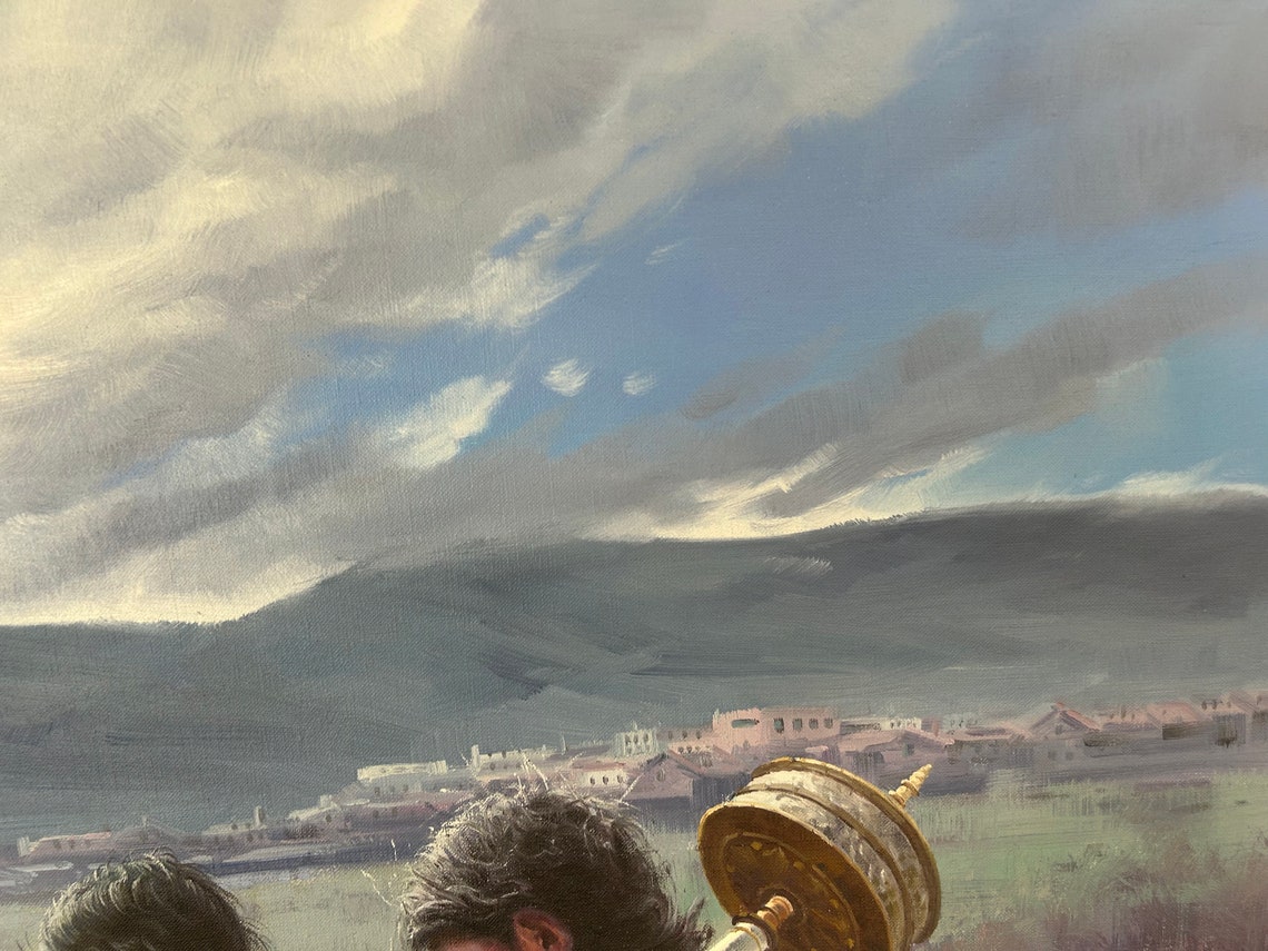 Tibet Pilgrims Prayer Wheel Plateau Journey Realistic Oil Poster - Image 3