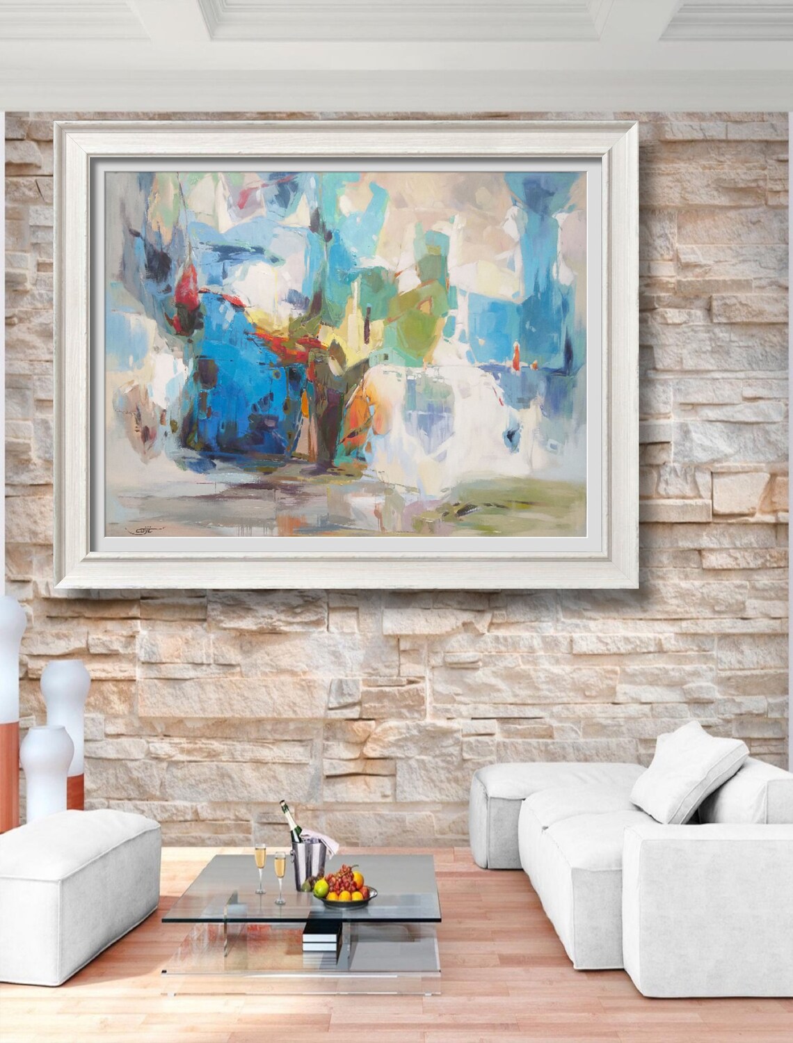 Blue Teal Abstract Orange Accents Modern Colorful Oil Art Print - Image 2