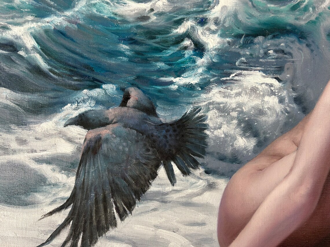Nude Woman Beside Crashing Ocean Waves With Raven Oil Painting Print - Image 2