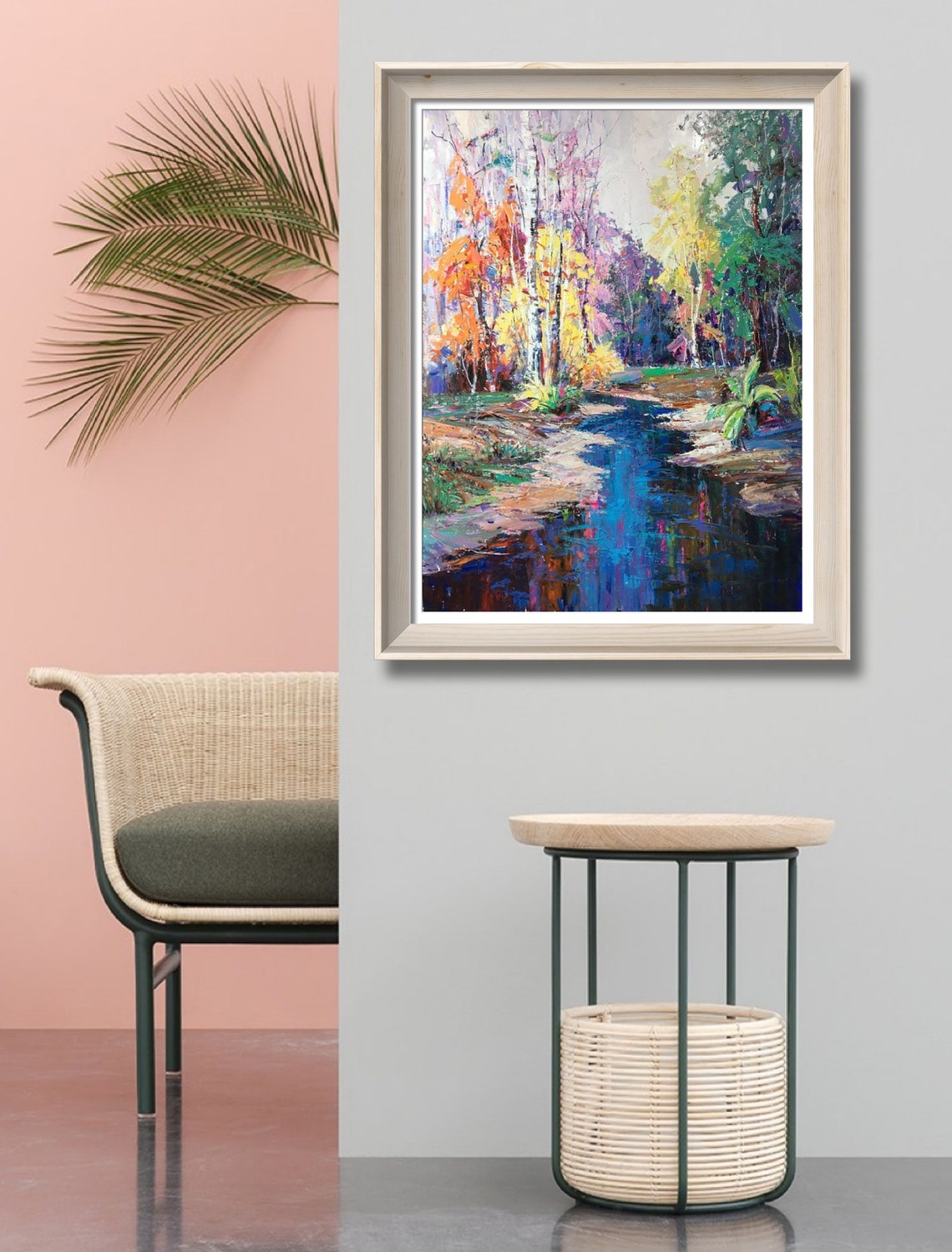 Colorful Forest Stream Autumn Birch Trees Vivid Blue Water Poster - Image 2