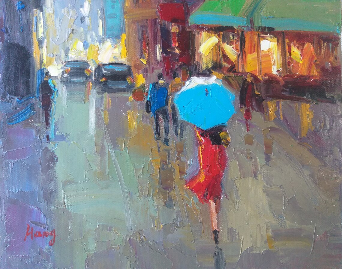 Red Dress Blue Umbrella Rainy Wet City Street Cafe Scene Poster - Image 2