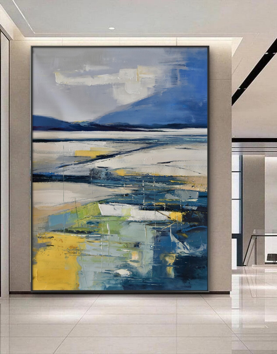Abstract Blue And Gold Lakeside Landscape Modern Oil Painting Print - Image 4