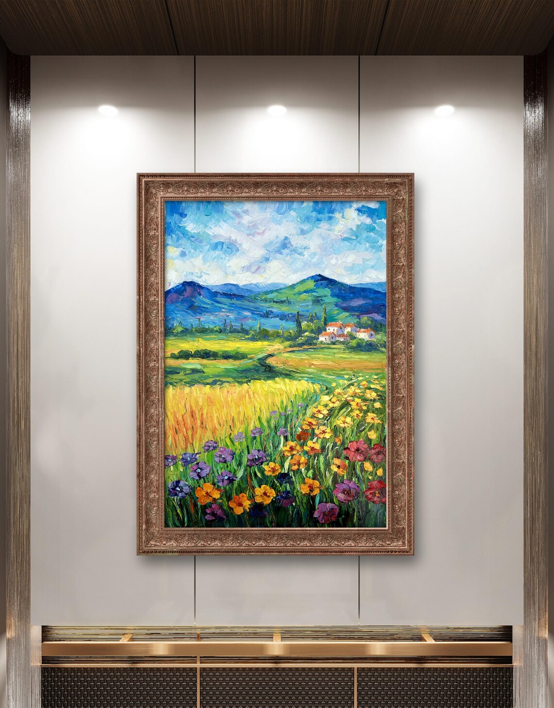 Mountain Valley Farmhouse With Colorful Wildflower Field Oil Poster