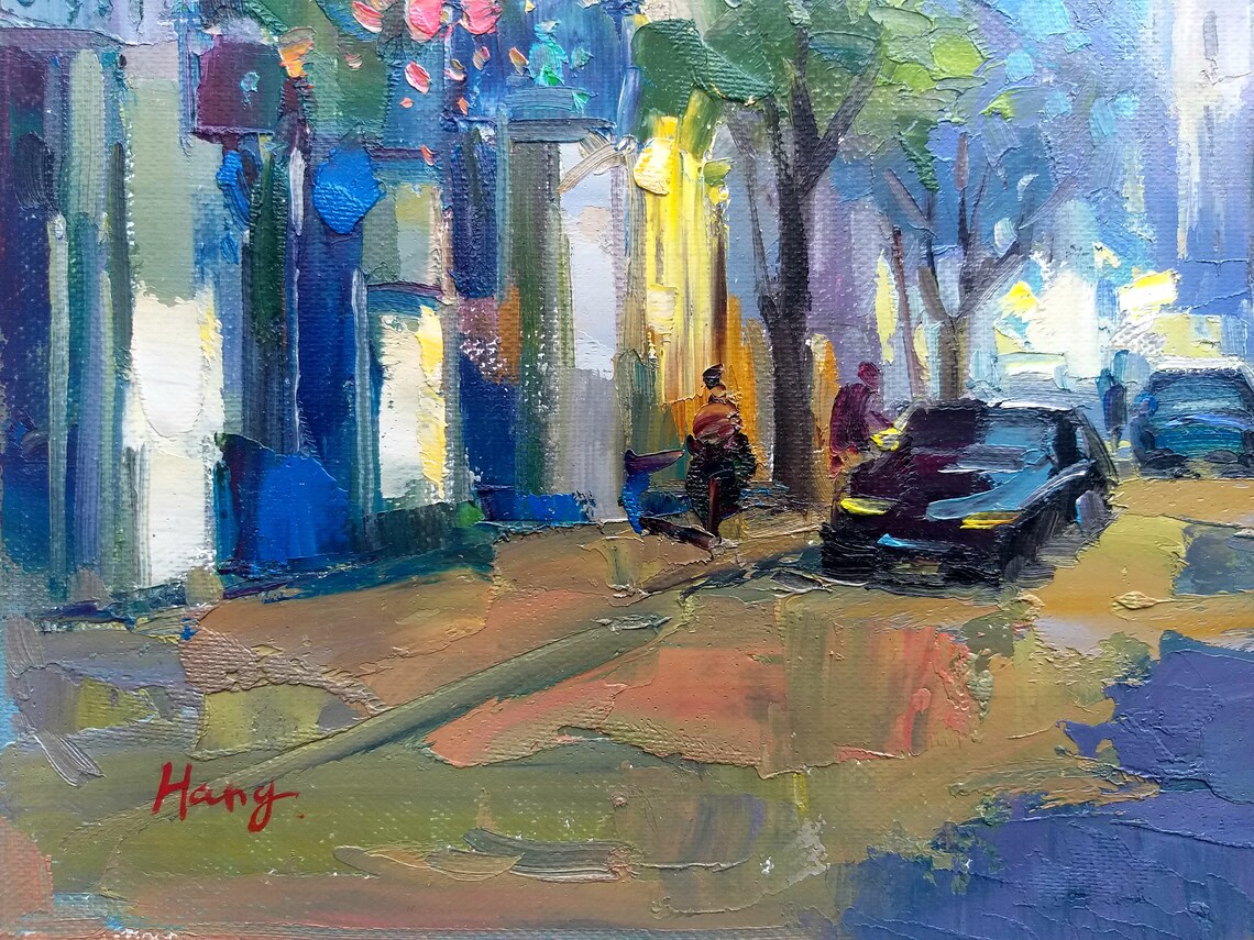Sunny Tree Lined City Street Avenue Shops Cars Bright Urban Poster - Image 3