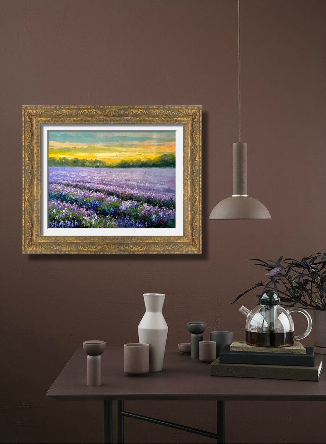 Lavender Field Purple Rows Sunset Golden Sky Landscape Poster - Image 3