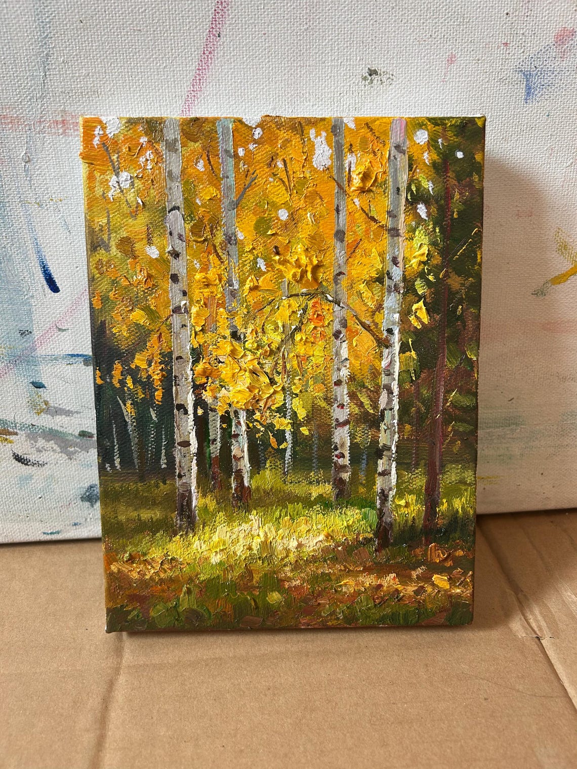 Small Landscape Oil Painting Golden Birch Trees In The Sun Home Decoration Living Room Wall Art Decoration Oil Painting Boutique - Image 4