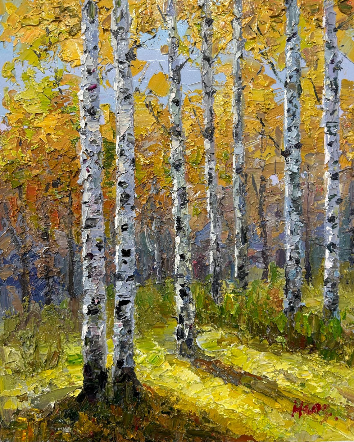 Golden Birch Grove Oil Painting Sunlit Path Autumn Woodland Poster - Image 5